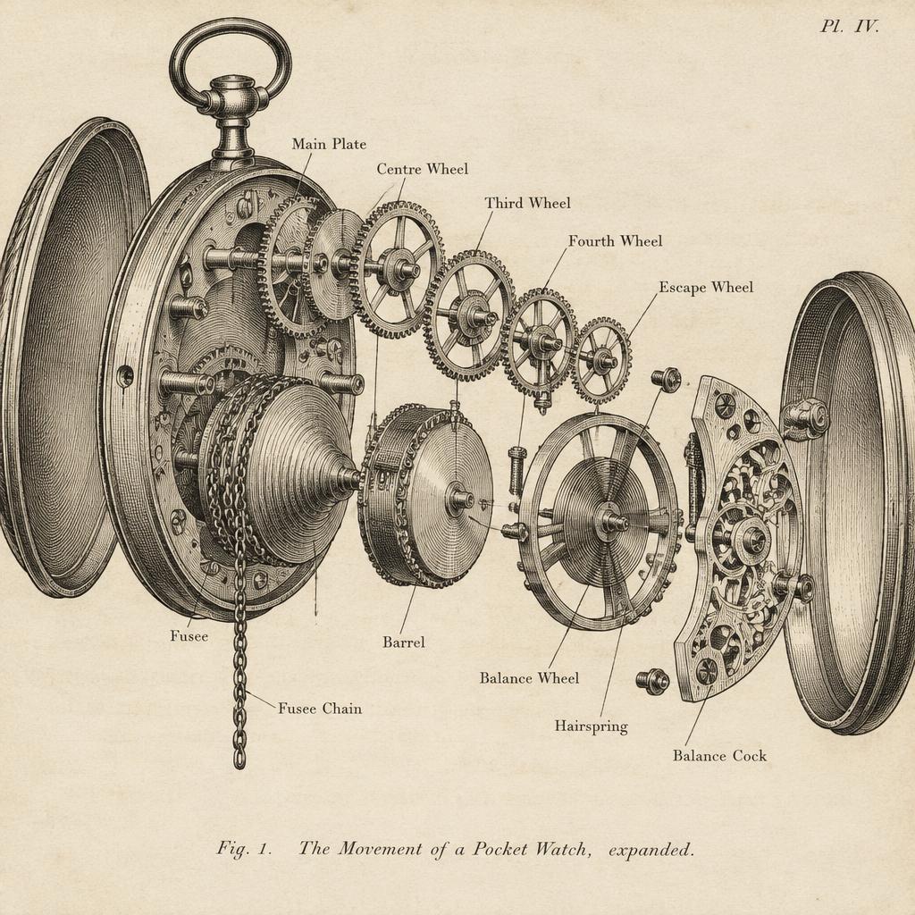 Engraved plate showing an exploded pocket watch movement with the fusee, chain, barrel, gear train, balance wheel and pierced balance cock labelled